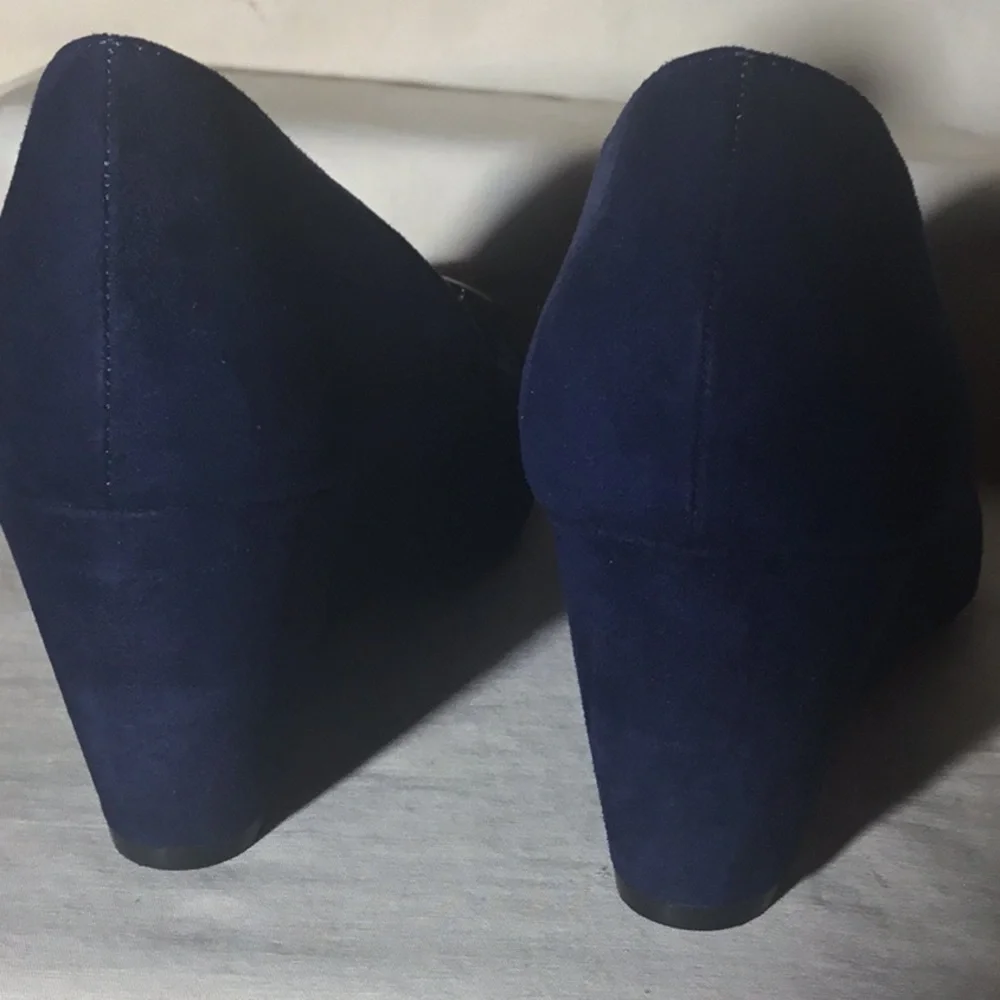Xappeal Navy Suede Wedge Pumps with Buckle Accent